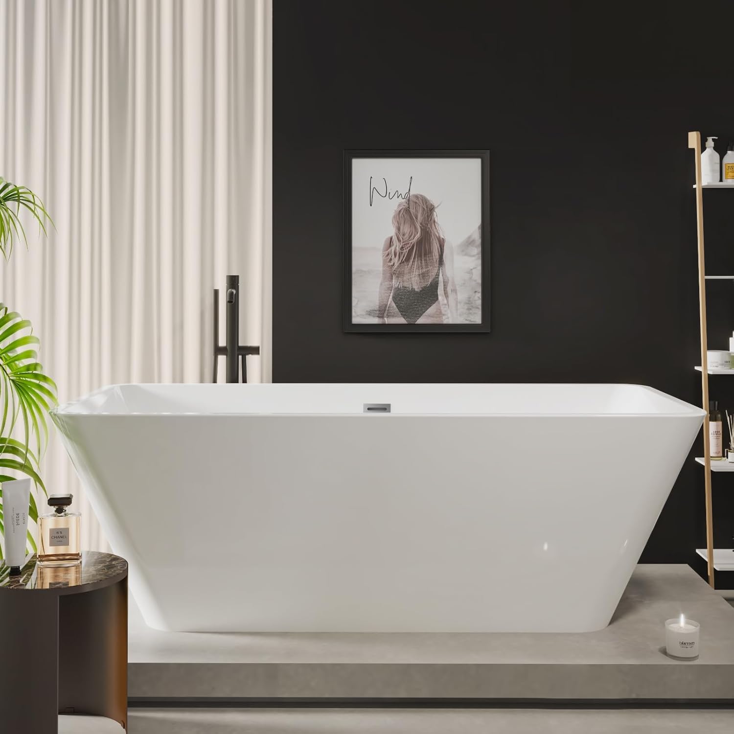 66' Freestanding Bathtub, Modern Soaking Bathtub, Freestanding Rectangular Tub with Non-Slip Base and Easy Drain, Deep Design for Adults, Ideal for Bathroom Relaxation, Chrome Drain, White