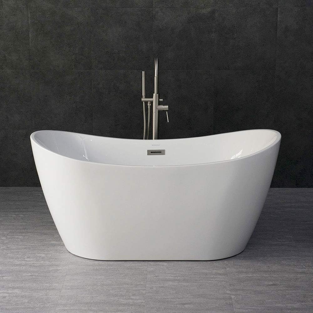 WOODBRIDGE BTA-1516 Acrylic Freestanding Bathtub Contemporary Soaking Tub with Brushed Nickel Overflow and Drain, BTA1516, 59' B-0016 White
