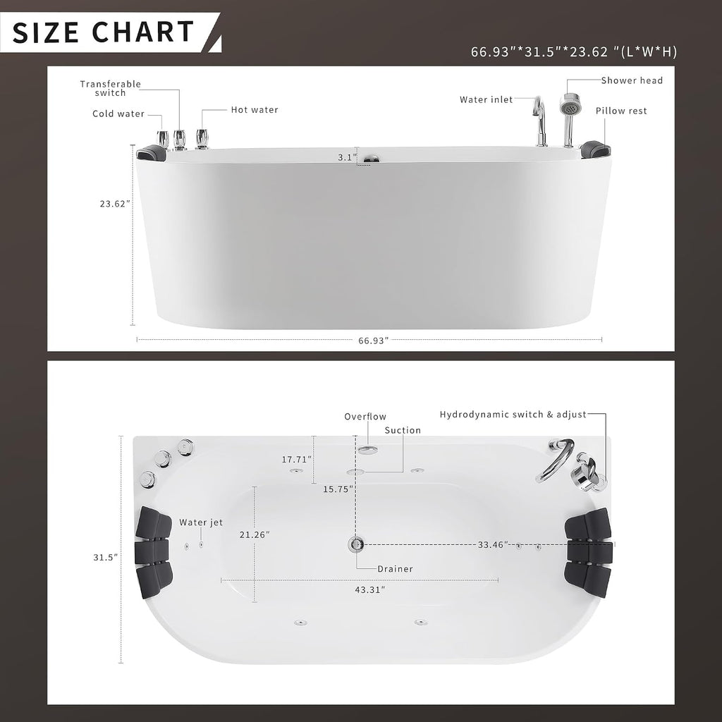 Empava 67 in. Acrylic Freestanding Tub Hydromassage Gracefully Oval Shaped Whirlpool 8 Water Jets Soaking SPA, Double-Ended Massage Bathtub with Two Black Pillow