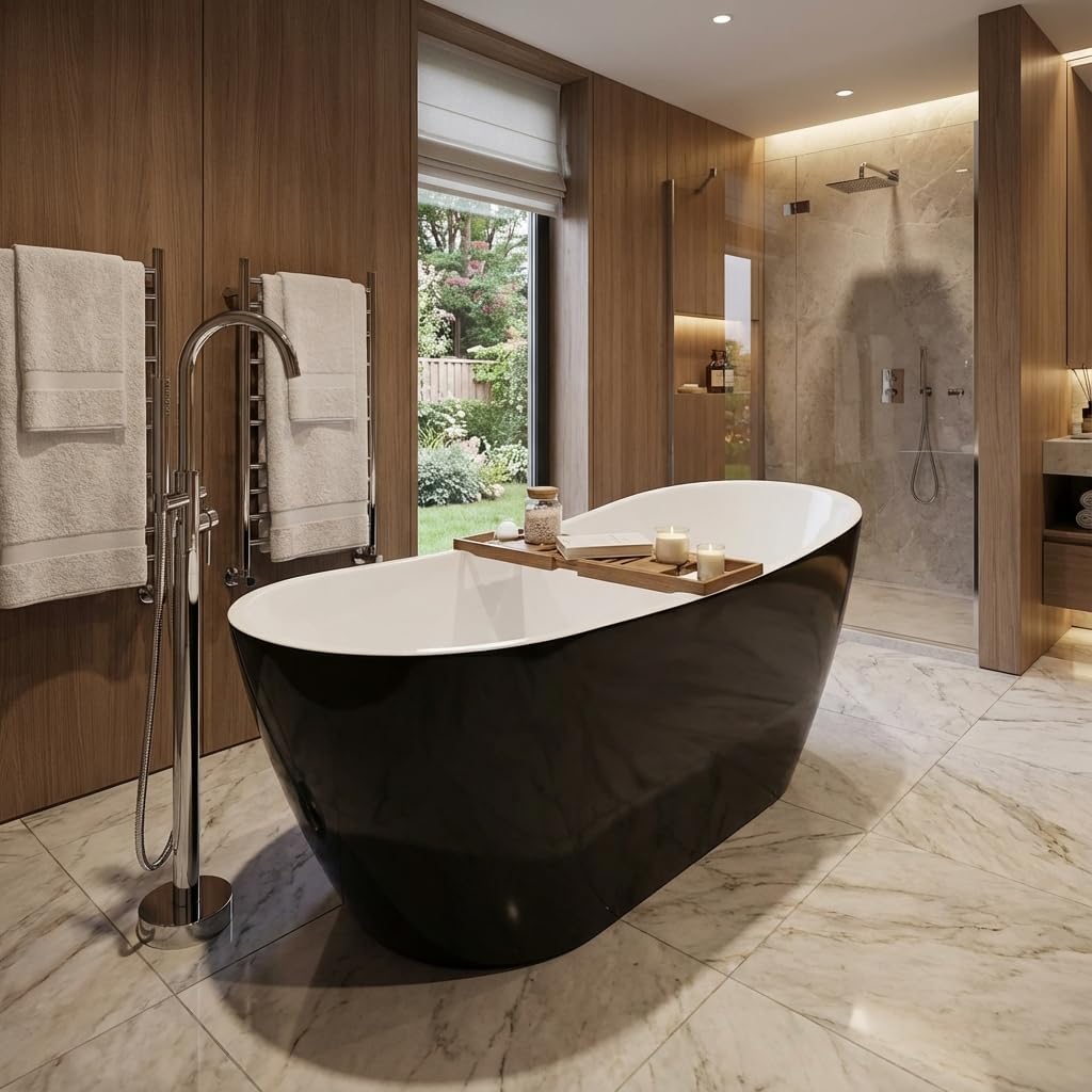 Acrylic Freestanding Bathtub, 67 Inch Deep Soaking Tub, One End Raised, White Interior Black Exterior, Chrome Pop-Up Drain, Overflow, Modern Acrylic Stand Alone Tub for Home, Bathroom
