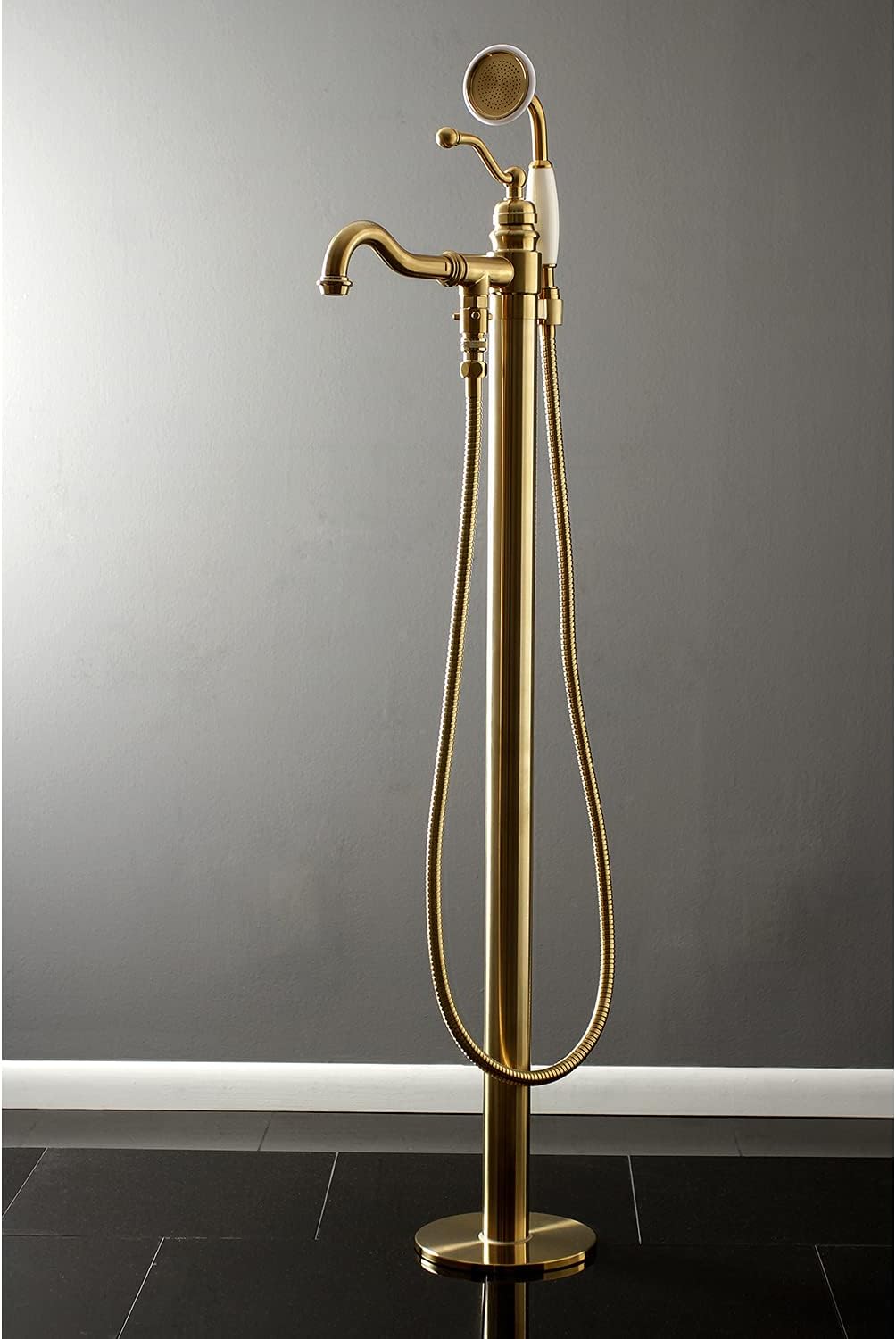 Kingston Brass KS7137ABL Freestanding Roman Tub Filler With Hand Shower, Brushed Brass
