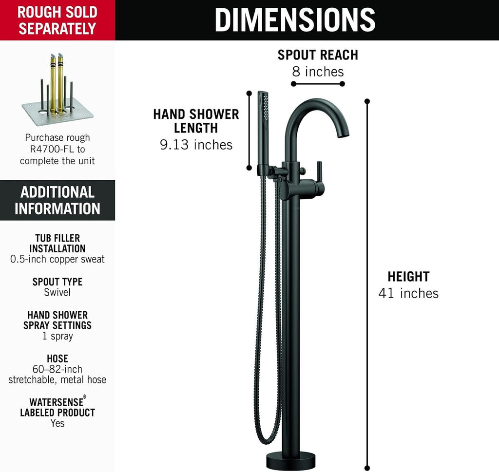 Delta Faucet Trinsic Floor Mount Tub Filler - Freestanding Roman Tub Spout with Handheld Shower - Flexible Shower Hose - Double Check Valves - Venetian Bronze, T4759-RBFL (Rough Sold Separately)