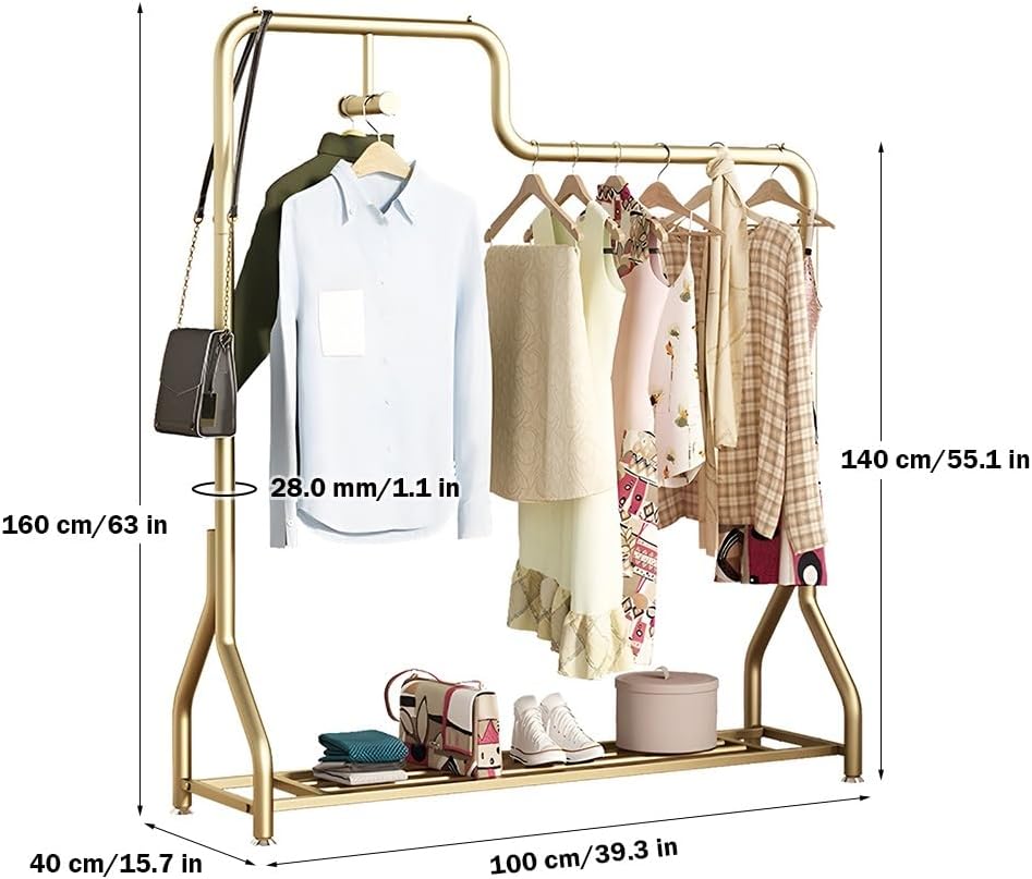 Fashion Freestanding Garment Rack Heavy-Duty Gold Clothing Rack with Shelf for Hanging Clothes, Garments and Coats(100 x 40 x160 cm)