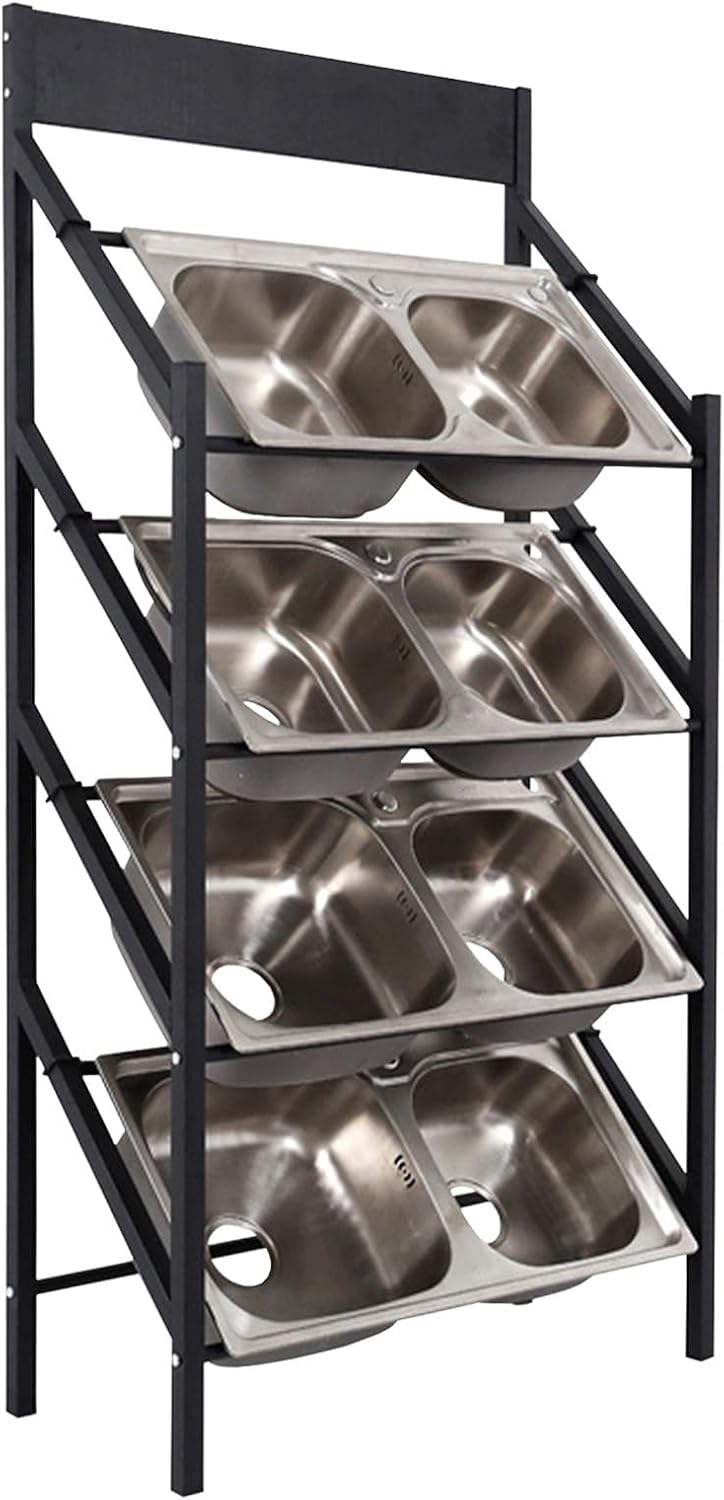 4 Tiers Large Wash Basin Display Rack with Wheels, Commercial Metal Washbasin Sample Display Stand for Household Shops, Adjustable Width Rolling Rack(No Wheel-4 Layers - L 90cm/35.4in