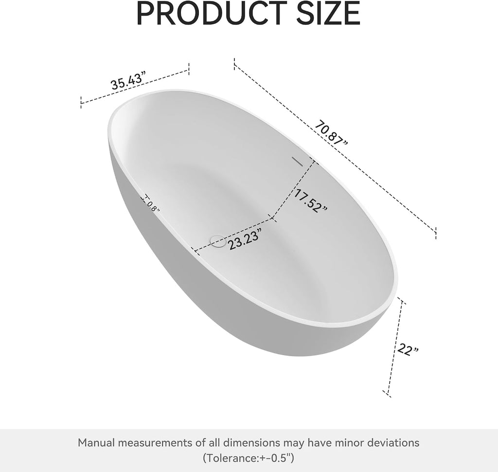 71' Premium Solid Surface Freestanding Bathtubs, Oval Stone Resin Tub with Overflow and Pop-up Drain, Matte White