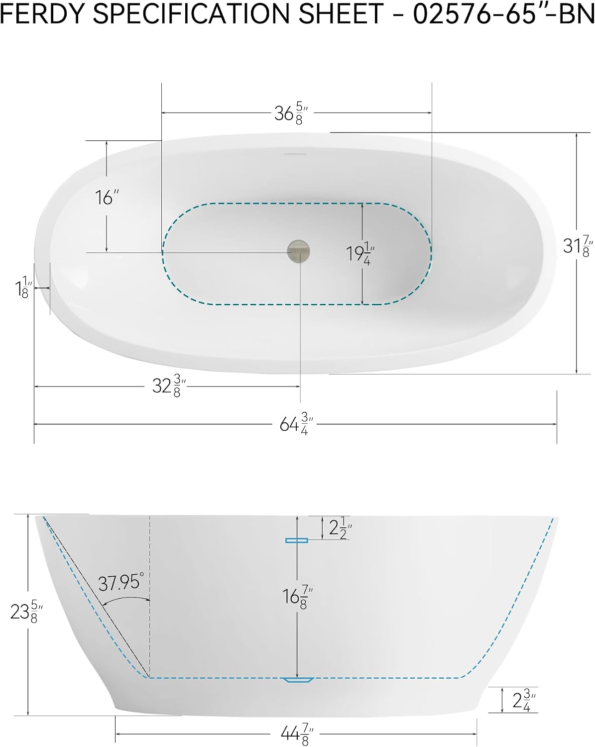 FerdY Koh Samui 65' Freestanding Bathtub, Elegant Oval Shape, Double Walled Insulation Bathtub with Center Brushed Nickel Drain &FerdY Back Scrubber for Shower,Long Handled Loofah on a Stick