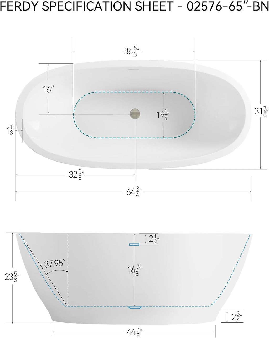 FerdY Koh Samui 65' Freestanding Bathtub with Headrest, Elegant Oval Shape, Double Walled Insulation Bathtub with Center Brushed Nickel Drain & Minimalist Linear Design Overflow & Bath Pillow