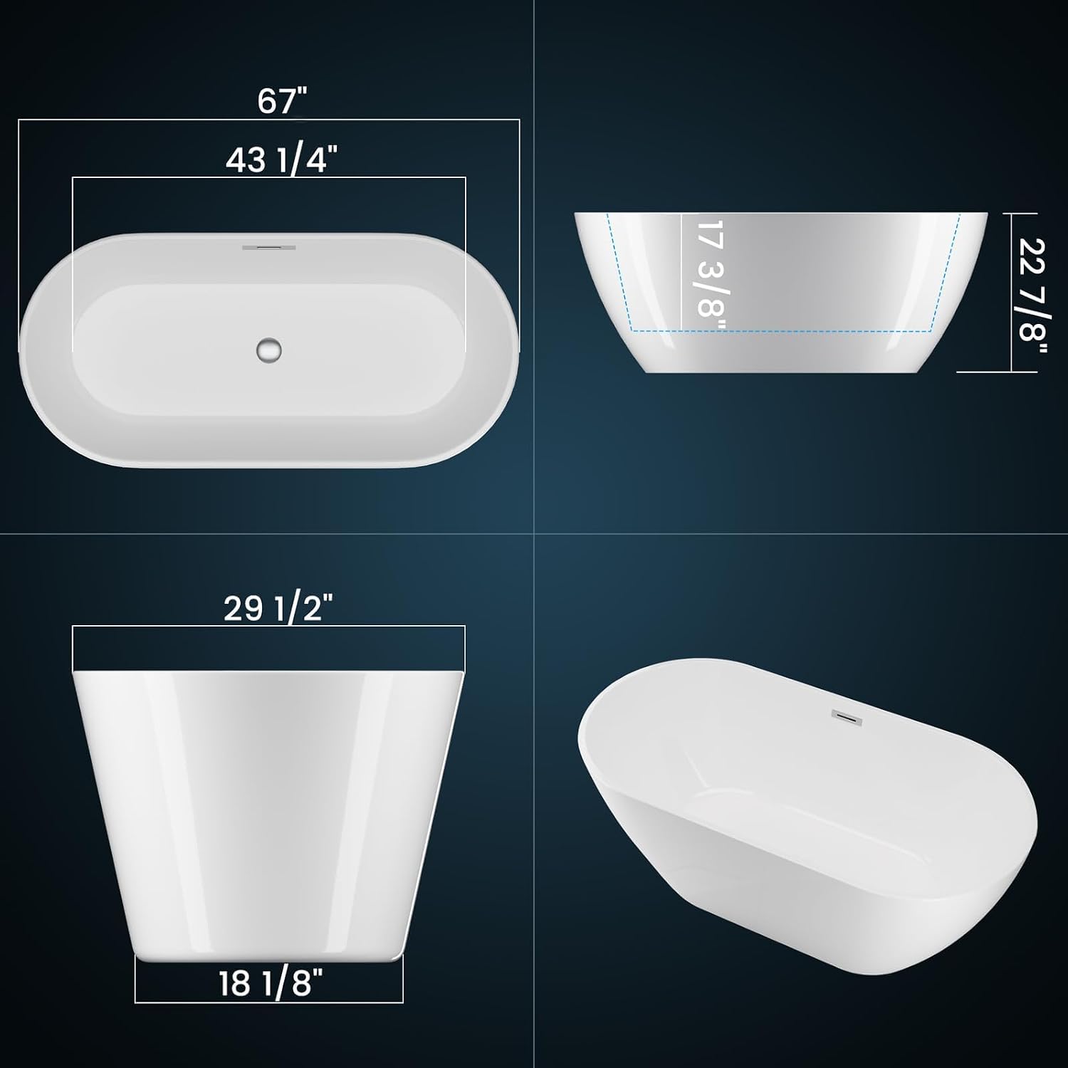 67' Free Standing Tub, Acrylic Freestanding Bathtub, Modern Soaking Tub with Integrated Overflow and Drain, White Bathroom Fixture, Stand Alone Bathtub, CUPC Certified, MB