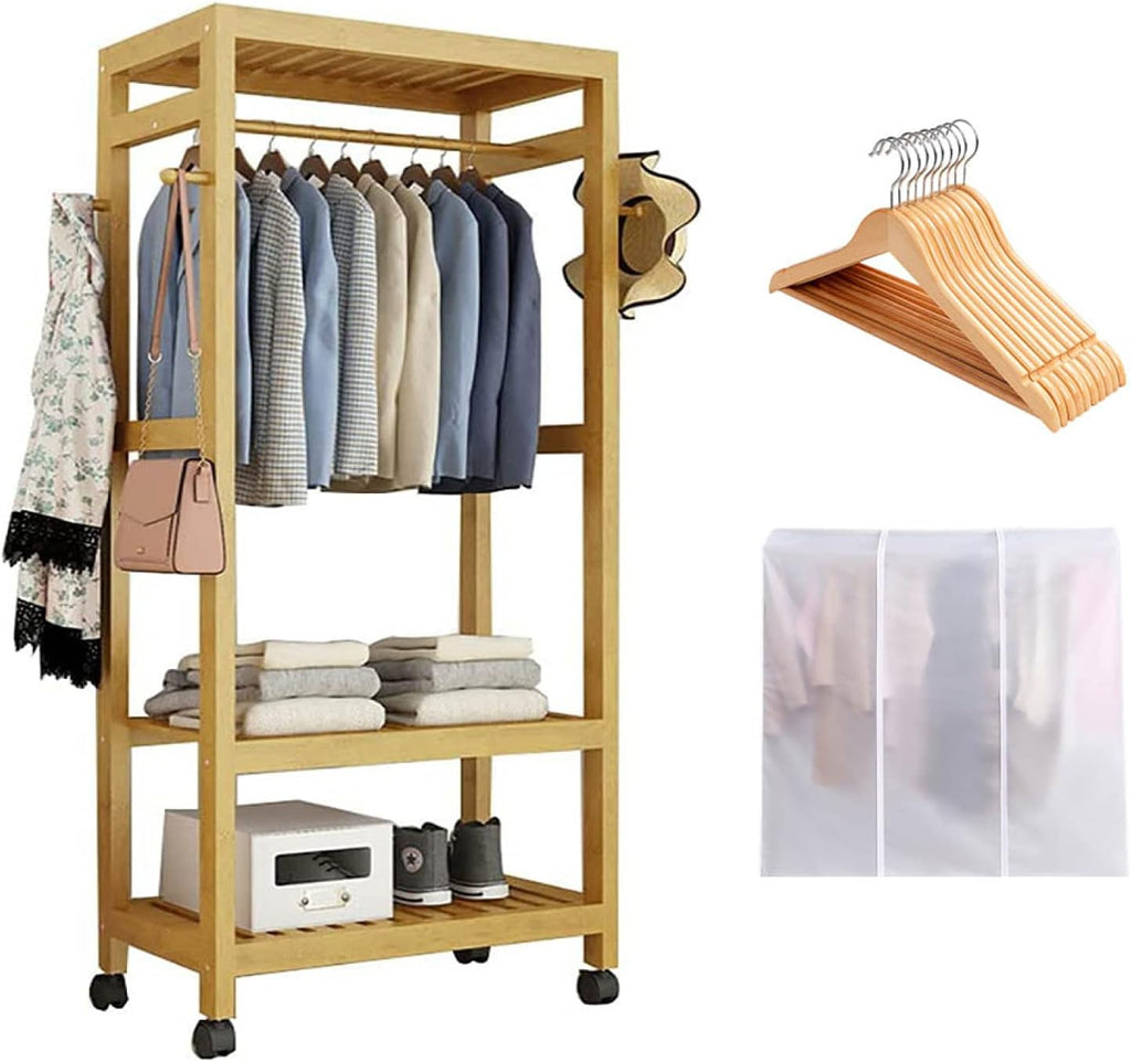 Floor-Standing Solid Wood Rotating Coat Rack，80cm Rolling Wooden Clothes Rack with Shelves & Cover - Portable Garment Organizer, Adjustable Height, Stylish Storage Solution for Home, Bedroom