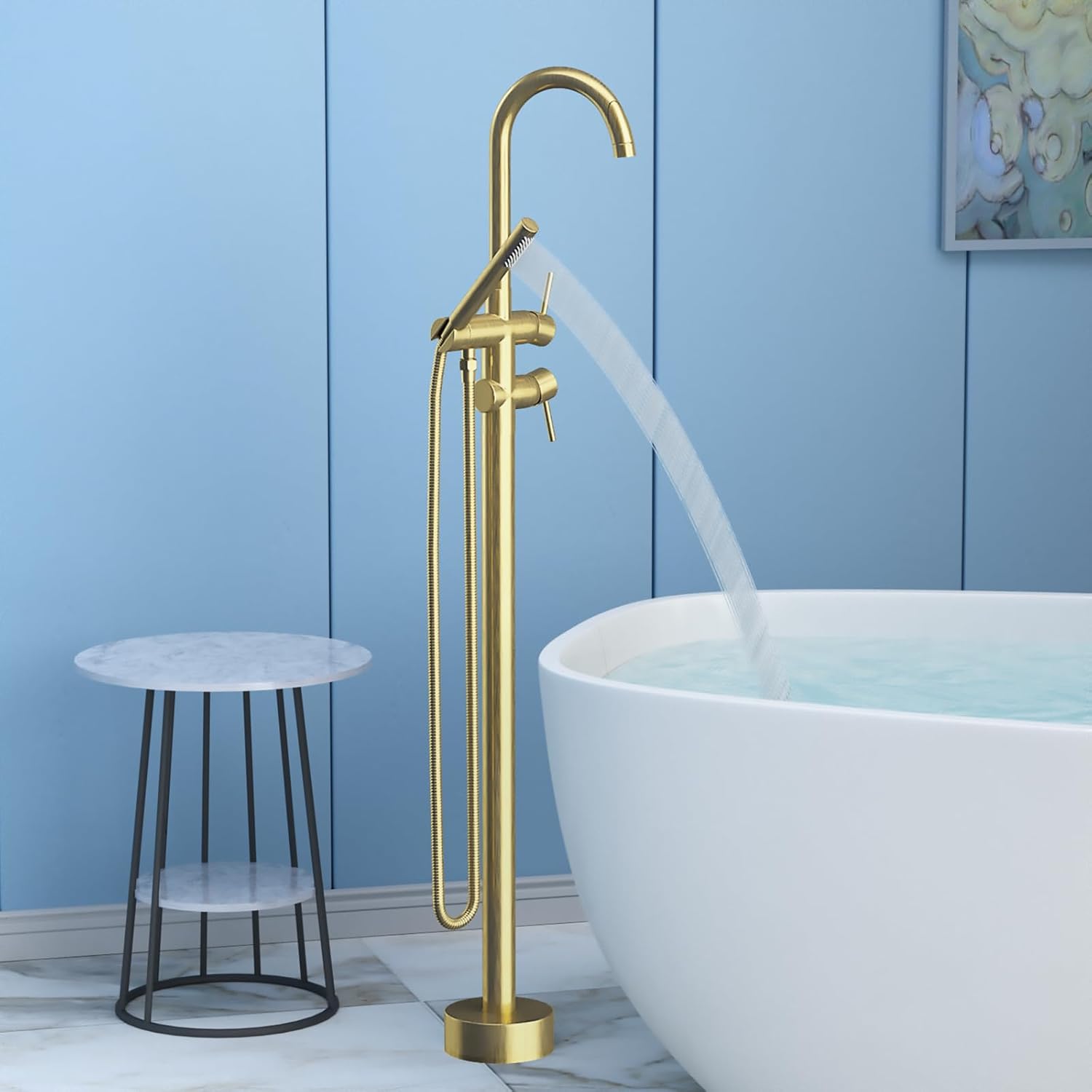 Freestanding Bathtub Faucet,Tub Filler Floor Mount Stand Bathtub Faucet Brass Bathroom Tub Faucets with 2 Function Hand Shower Wand Swivel Brushed Gold