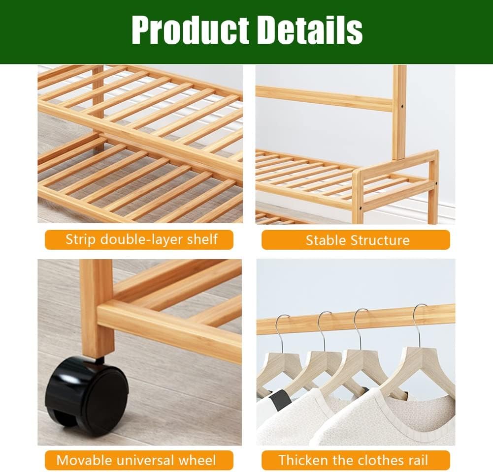 Clothing Garment Rack with Shelves Wooden Rolling Clothes Organizer Bedrooms Clothes Rails Heavy Duty Open Wardrobe Coat Stands Multifunctional Small Closet(