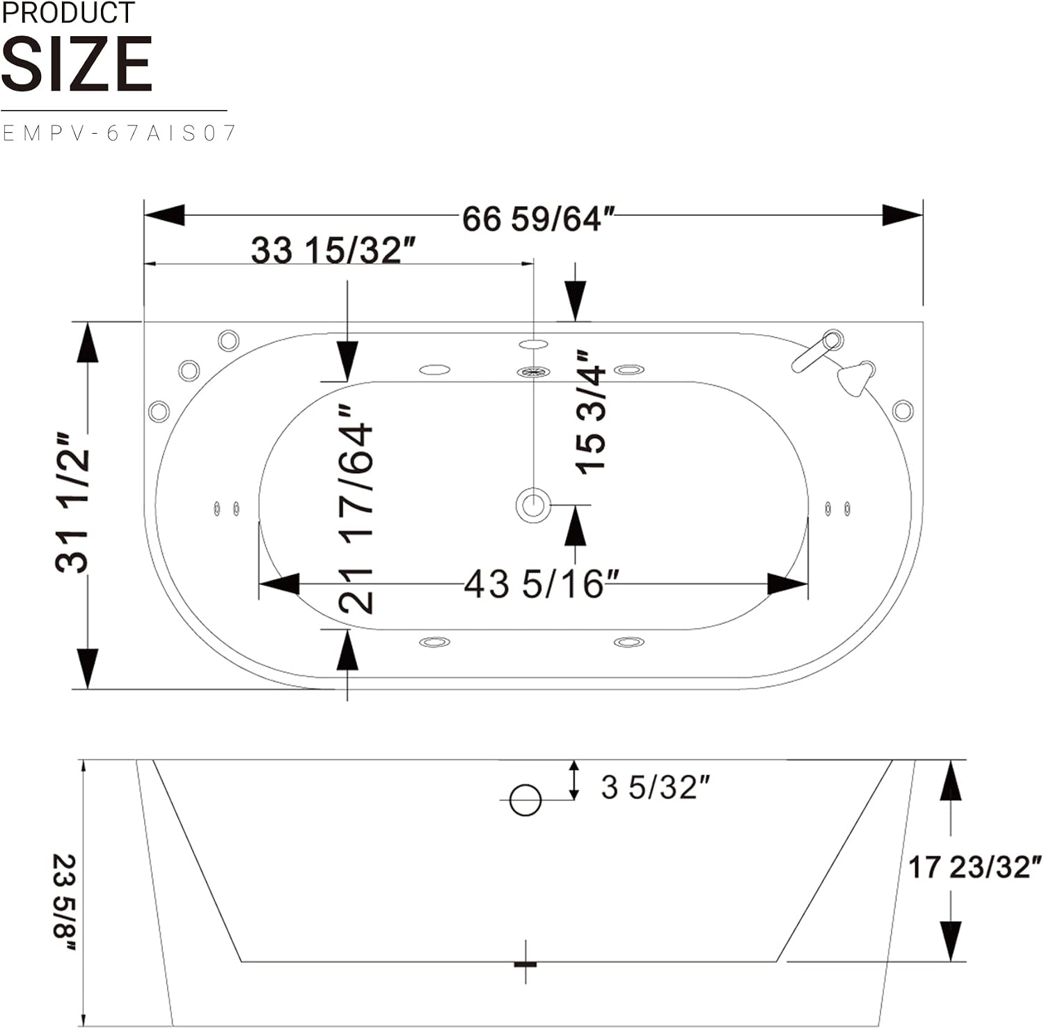 Empava 67 in. Acrylic Freestanding Tub Hydromassage Gracefully Oval Shaped Whirlpool 8 Water Jets Soaking SPA, Double-Ended Massage Bathtub with Two Black Pillow , White