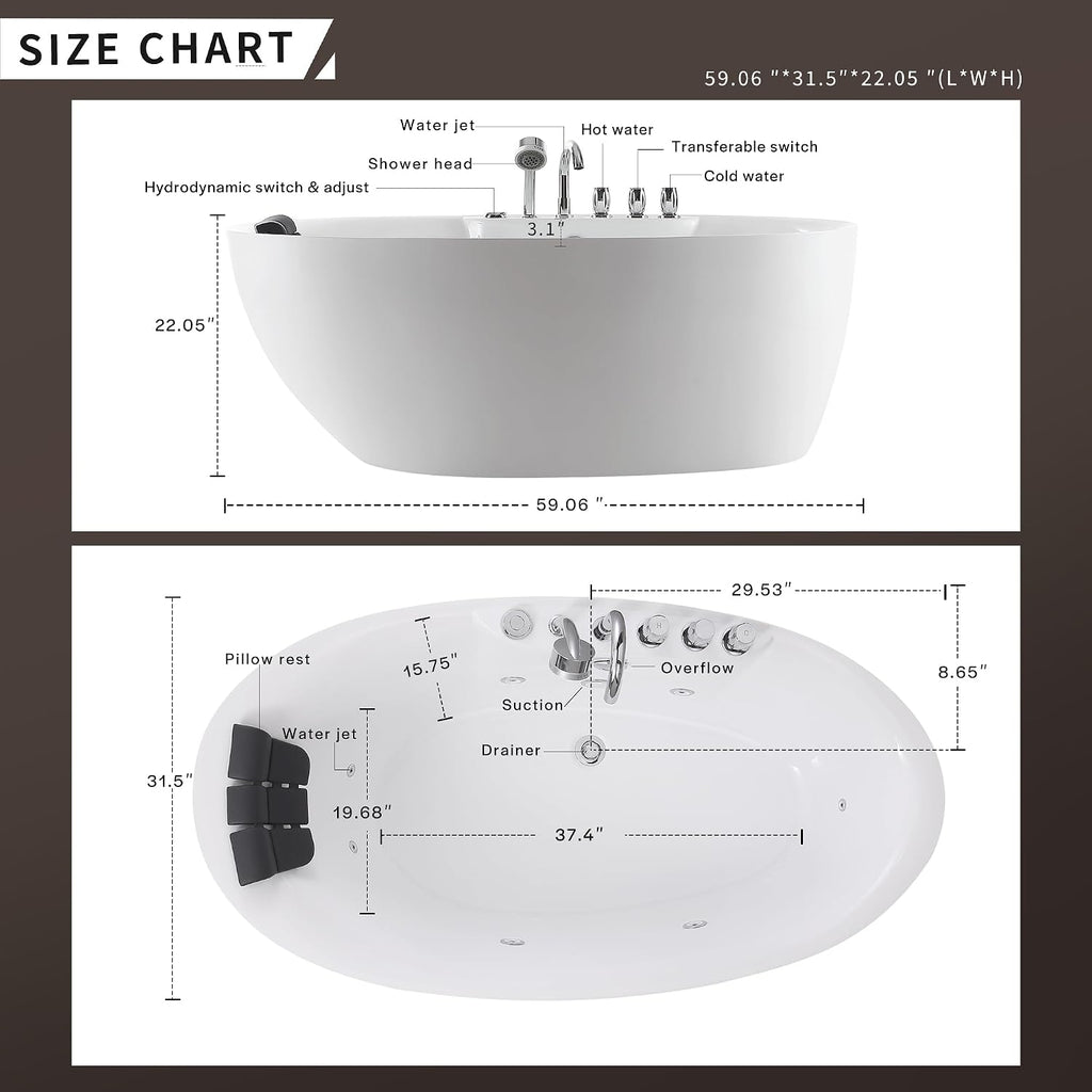 Empava 59' x 28' Freestanding Whirlpool Tub, Stand Alone Jetted Bathtub, Boat Shape with Large Recline Angle, Hydromassage, Adjustable Water Nozzles,Acrylic,ETL Certified