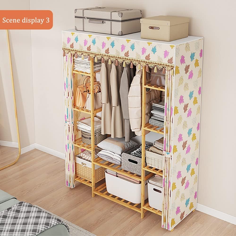 Clothes Rod Rack Garment Hanging Rails, Freestanding Bamboo Coat Stand Rack with Double Clothing Rail and 9 Storage Shelf, with Cover, Clothes Cabinet Wardrobe Organiser 150X4