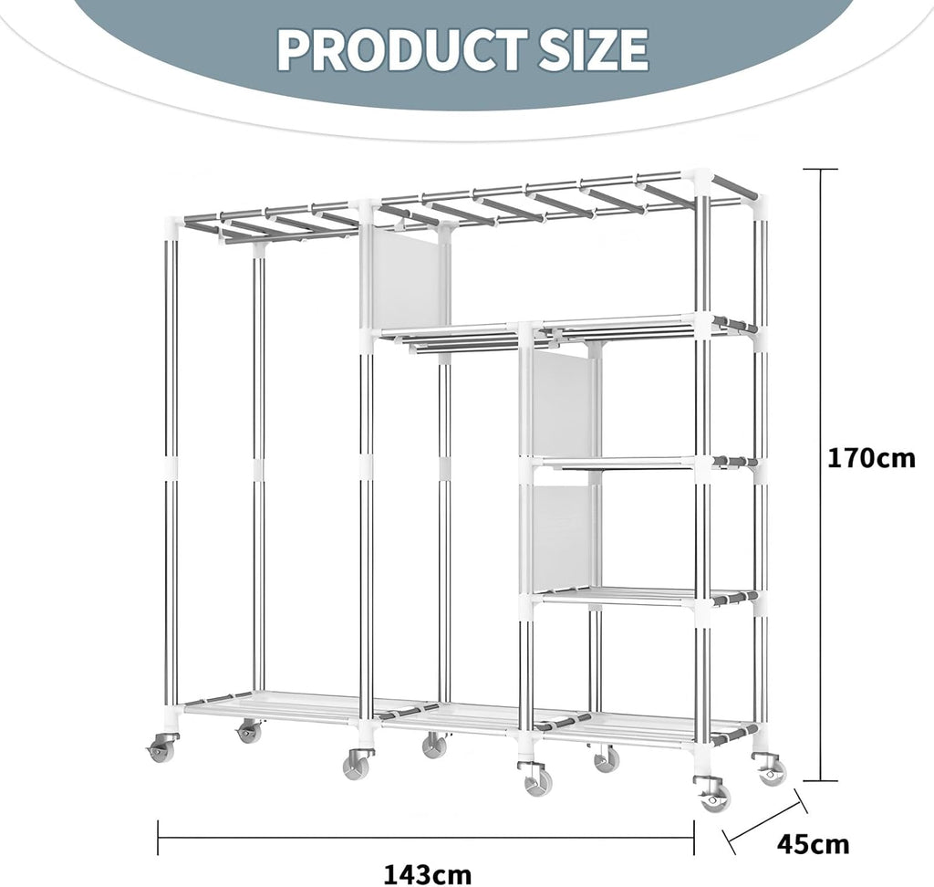 Portable Closet Organizers with Wheels Wardrobe with Shelves and Hanging Rod Non-Woven Fabric Cover Clothing Rack Rolling Closet Rack for Cloakroom Bedroom(Beige,143X45X170CM)