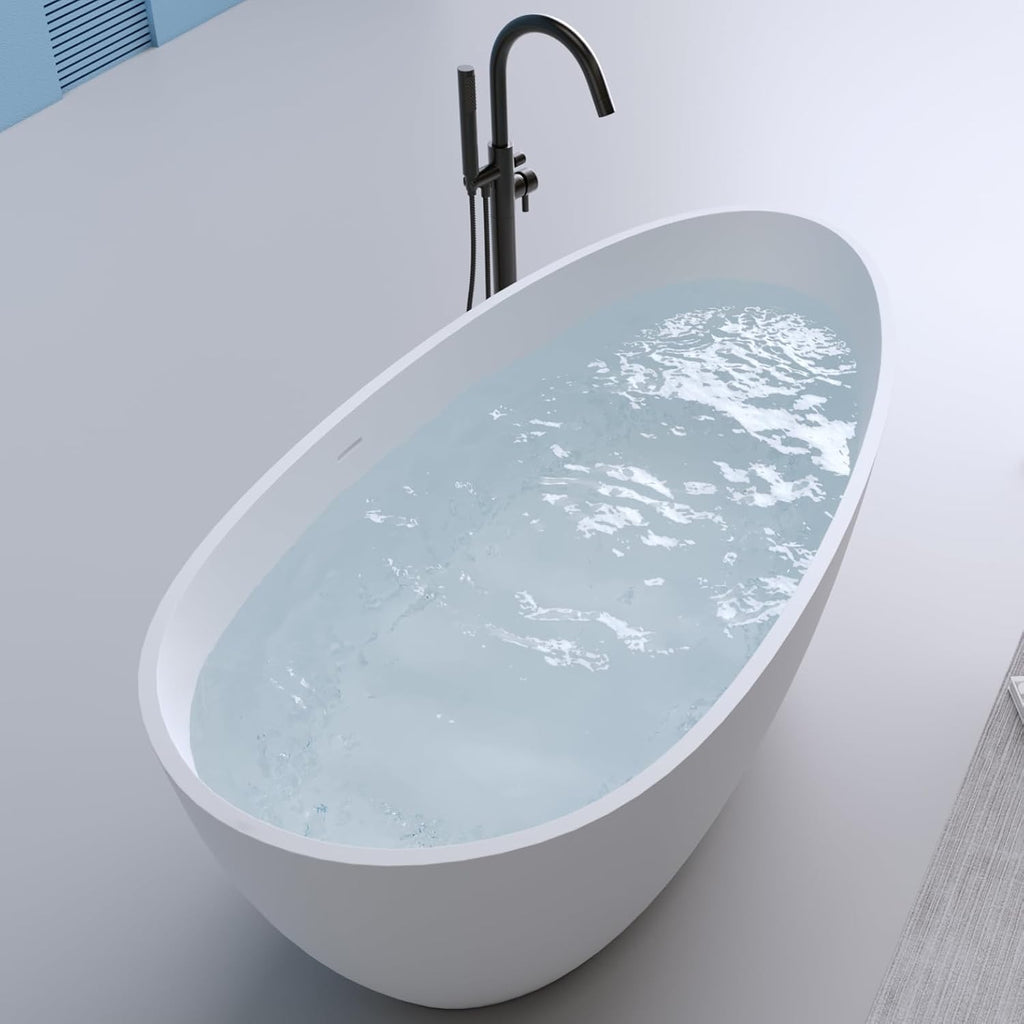59' Stone Resin Freestanding Bathtub, Egg Shell Shaped Solid Surface Bathroom Freestanding Tubs, Stand Alone Soaking Tubs with Integrated Slotted Overflow and Drain, Matte White