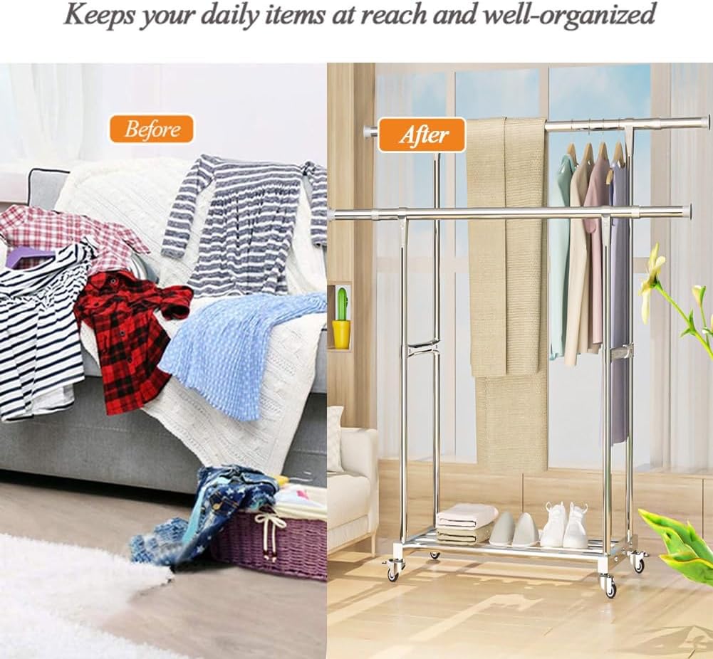 Double Rod Extendable Clothes Garment Rack with Wheels, Rolling Clothes Organizer with Storage Shelf, Clothes Rail with 4 Wheels, Space Saving, Load 100kg