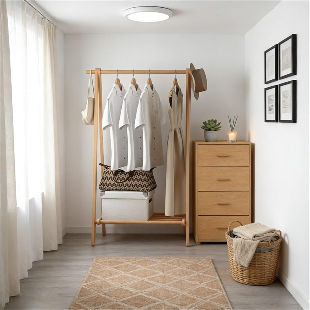 Coat Rack, Wooden Clothing Rack, Foldable Clothes Rack, Garment Rack with Storage, Freestanding Clothes Hanger for Living Room, Bedroom, Entrance(37.4x19.3x59in)