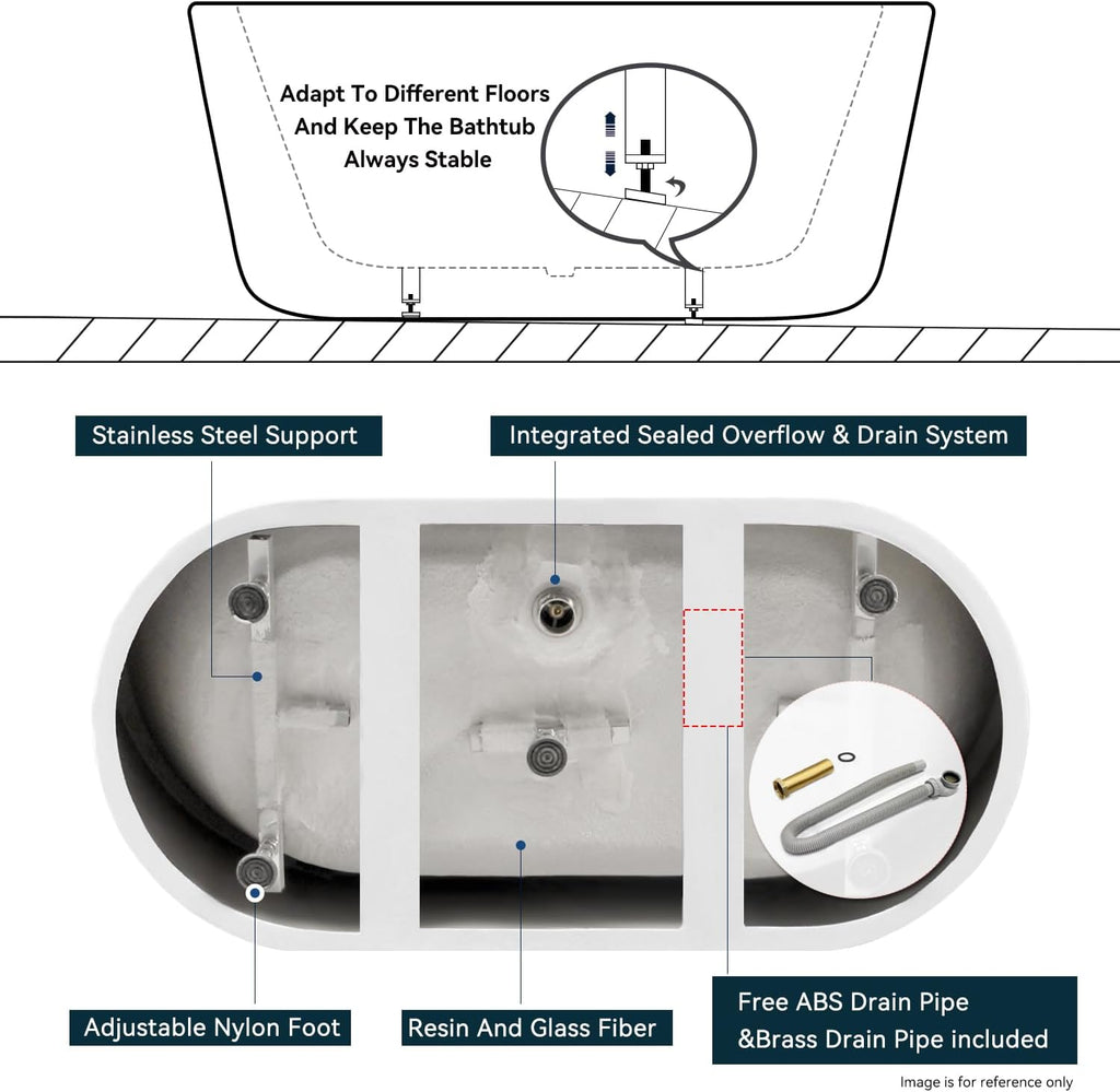 FerdY Nauru 55' Acrylic Freestanding Bathtub with Headrest, Gracefully Shaped Soaking Bathtub, Glossy White cUPC Certified, Toe-Tap Chrome Drain & Classic Slotted Overflow & Bath Pillow Included