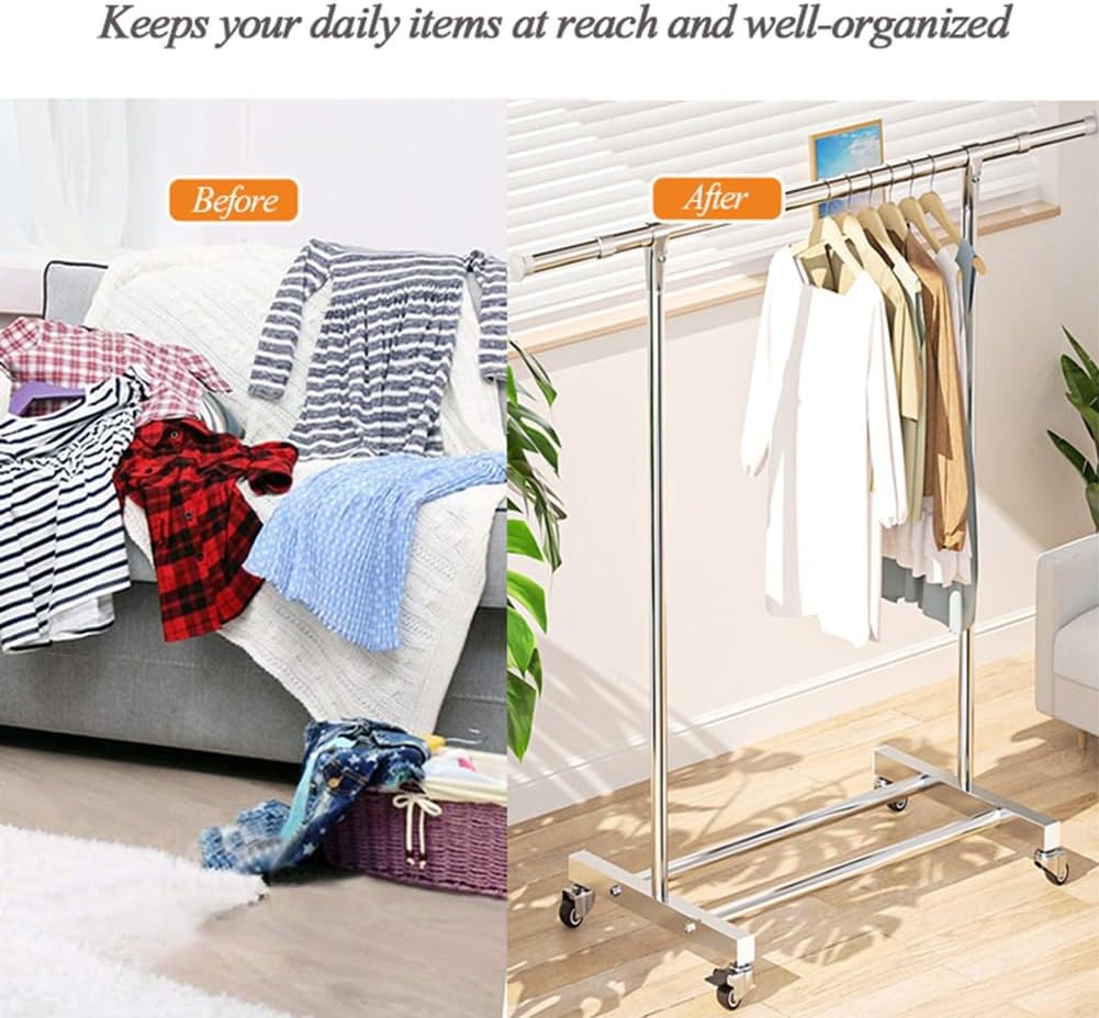Steel Clothes Garment Rack with Wheels, Extendable Rod, Rolling Clothes Organizer with Storage Shelf, Clothing Rail on Wheels for Hanging Clothes, Load 176lbs
