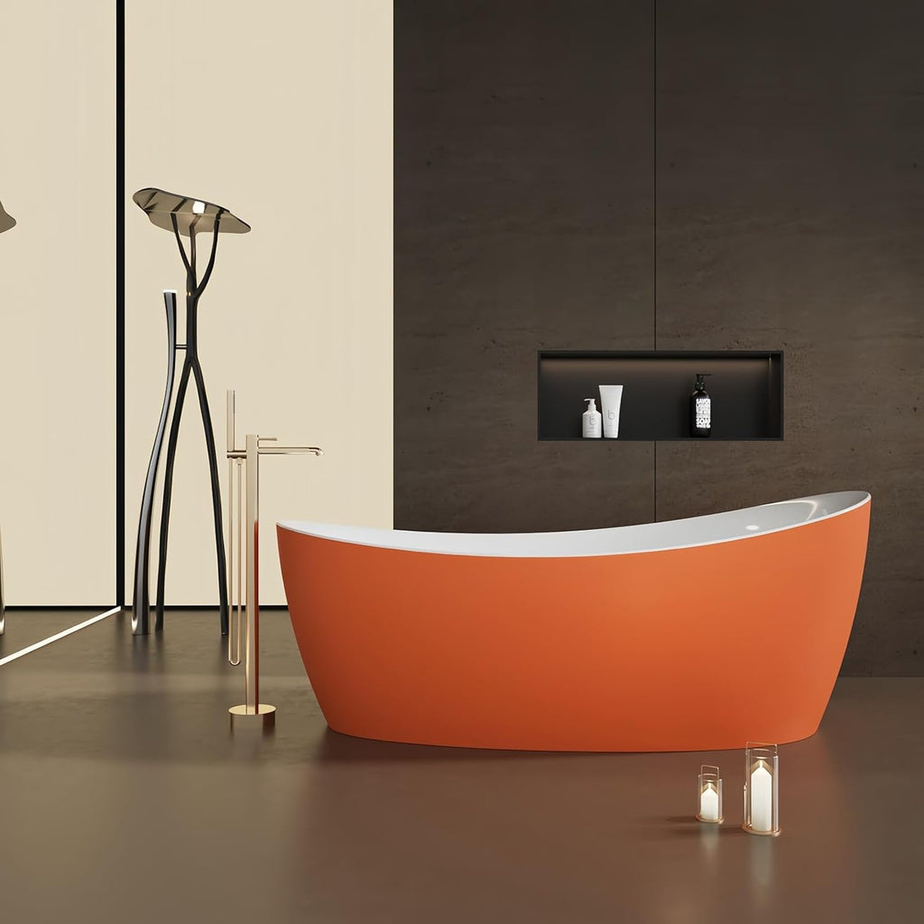 60' Edeyeu Oval Freestanding Bathtub - Extra Deep Acrylic Soaking Tub, Free Standing Bathtub Solid Surface, Modern Soaker Tub for Bathroom Spa, with Drain Orange
