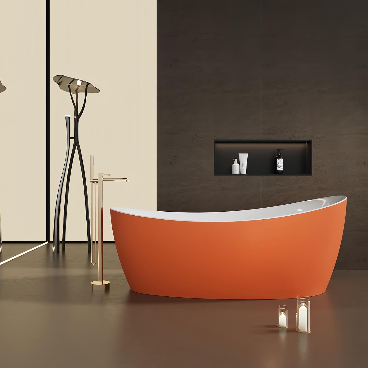 60' Edeyeu Oval Freestanding Bathtub - Extra Deep Acrylic Soaking Tub, Free Standing Bathtub Solid Surface, Modern Soaker Tub for Bathroom Spa, with Drain Orange