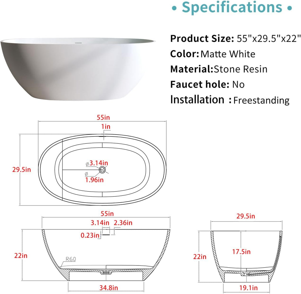 55' Solid Matte Tub, Stone Resin Freestanding Bathtub with Overflow, Pop-up Drain, Matte White (Oval)