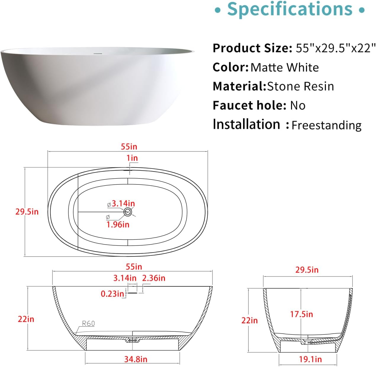 55' Solid Matte Tub, Stone Resin Freestanding Bathtub with Overflow, Pop-up Drain, Matte White (Oval)
