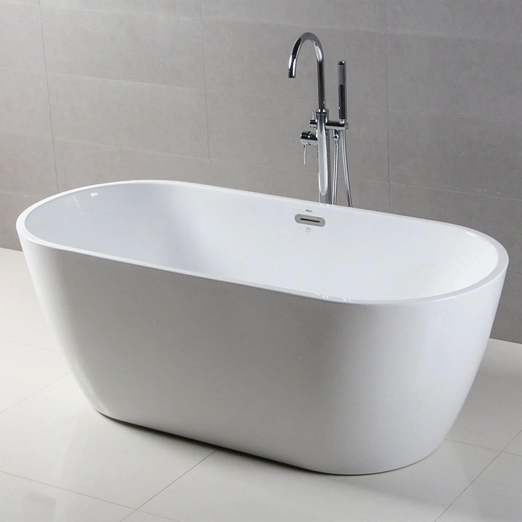 FerdY Bali 59' Acrylic Freestanding Bathtub, Gracefully Shaped Freestanding Soaking Bathtub, Toe-Tap Chrome Drain and Classic Slotted Overflow Included, Glossy White, cUPC Certified