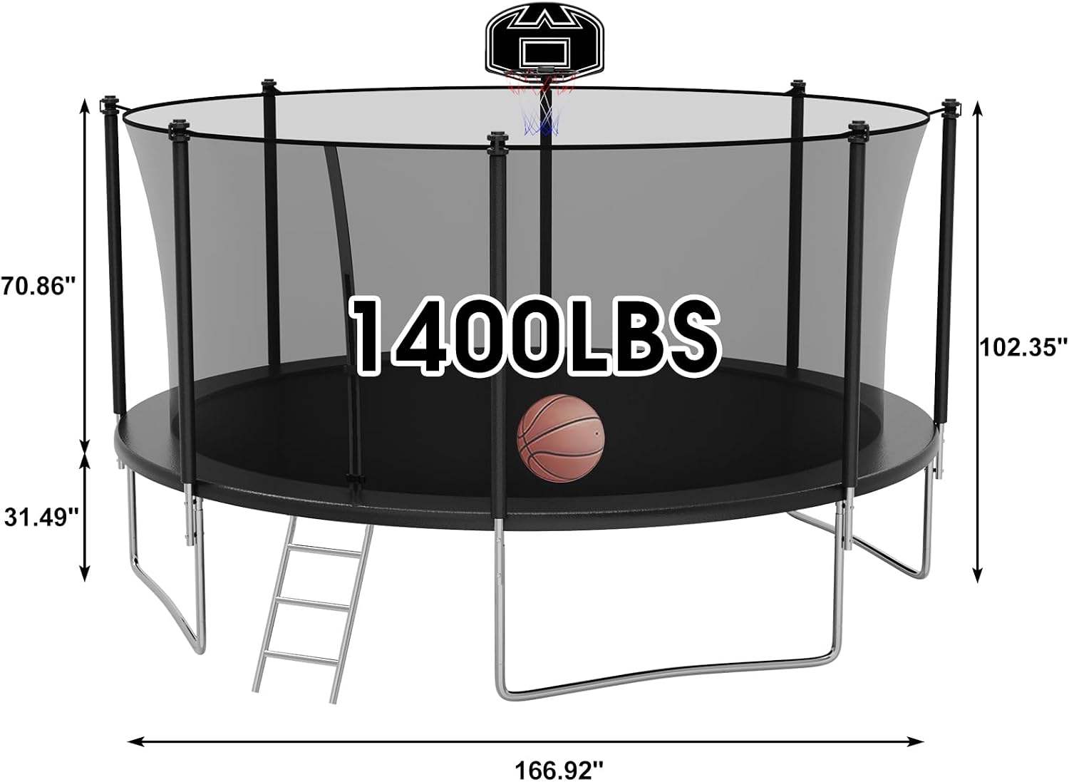 SKYUP Tranpoline 1500LBS 16 15 14 12 10 8 FT Tranpoline for 7-10 Kids and Adults, Windproof Outdoor Tranpoline with Enclosure Net, Basketball Hoop, Easy to Install & Last Long - ASTM Approved