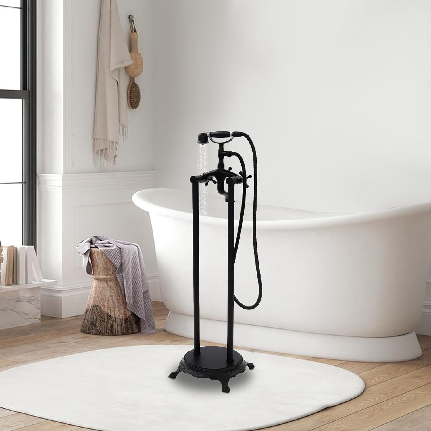 Freestanding Bathtub Faucet, Tub Filler with Handheld Shower, Brushed Nickel, Floor Mount Bathtub Faucet (Black)