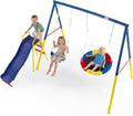 Swing Set for Backyard with Stand, Swing Heavy Duty 440lbs Metal Outdoor Swing Stand, Contain 1 Saucer 32' & 1 Belt seat 26.2' + 53in Blow Molded Slide for Playground, Backyard Playset