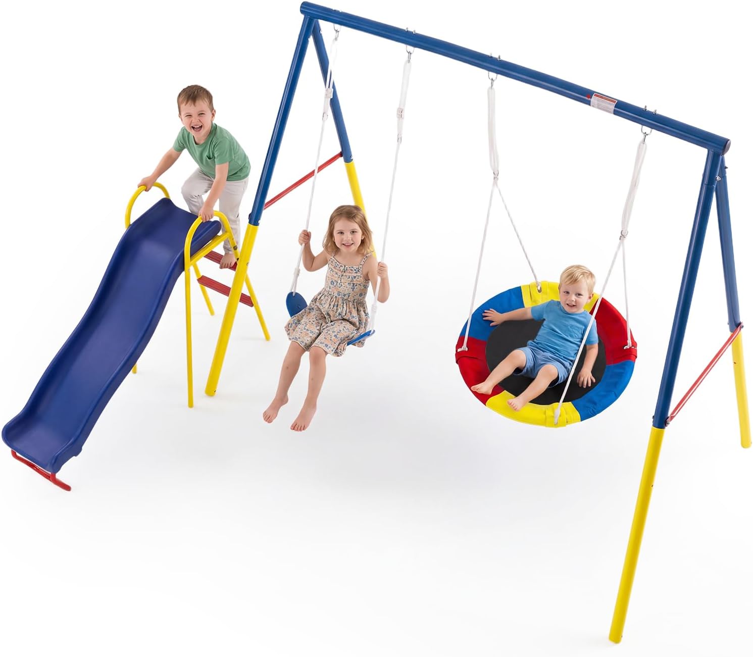Swing Set for Backyard with Stand, Swing Heavy Duty 440lbs Metal Outdoor Swing Stand, Contain 1 Saucer 32' & 1 Belt seat 26.2' + 53in Blow Molded Slide for Playground, Backyard Playset