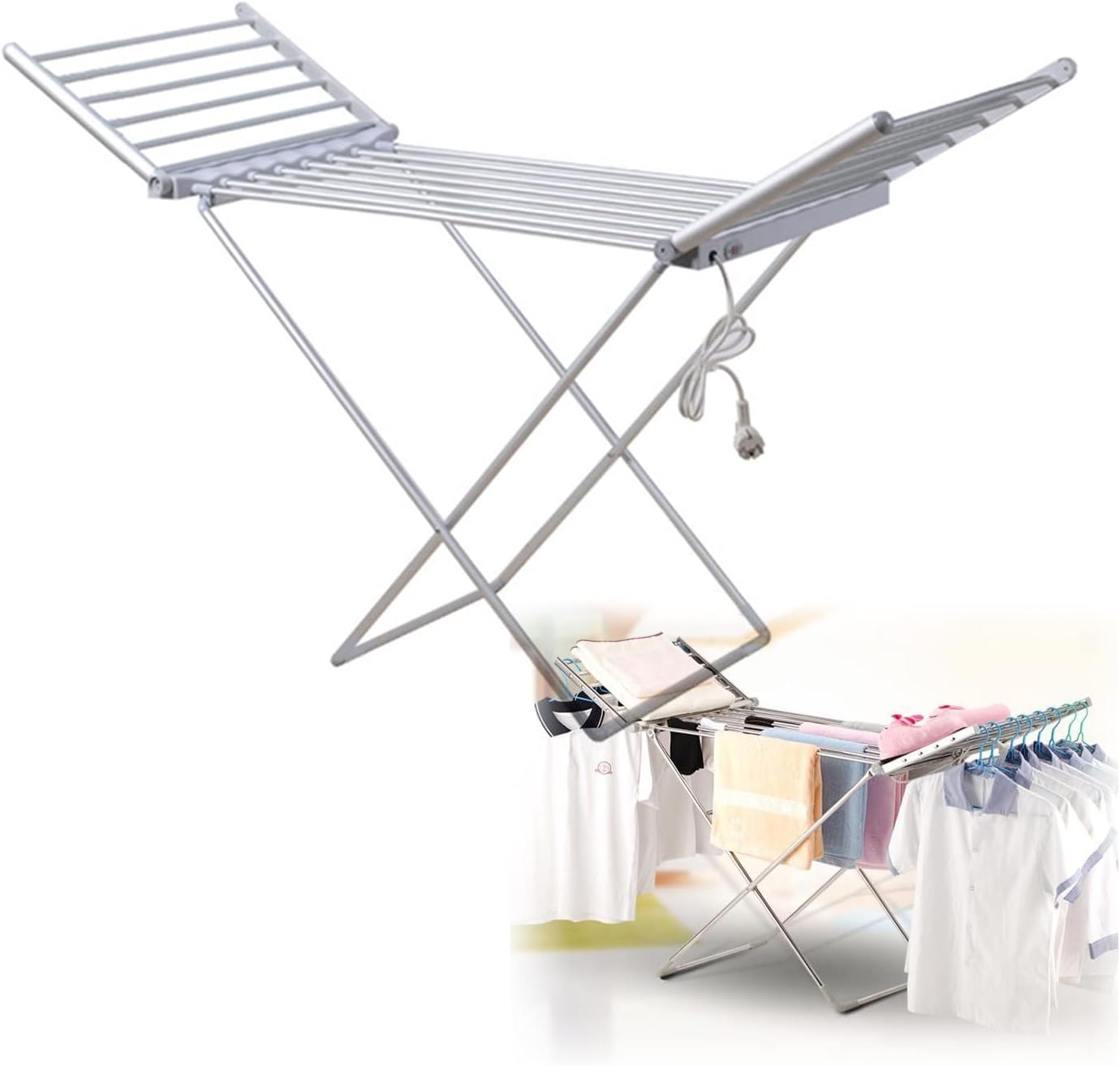 Clothes Airer Dryer 18 Bars Drying Rails Electric 220W Heated Drying Rack Collapsible Stainless Steel Garment Laundry Racks Clothes Horse Efficient Saves Energy