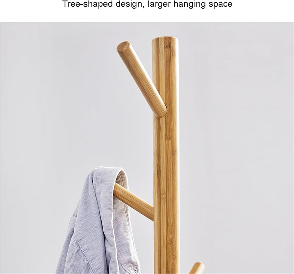 Bamboo Floor Clothing Rack with Storage Shelf, Freestanding Garment Hanger for Bedroom Living Room(Grey)