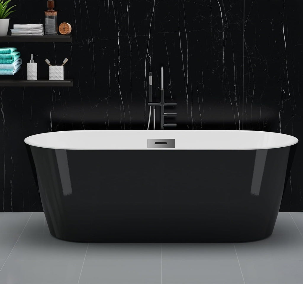 59 inch Freestanding Bathtub for Main Bathroom – Black & White Acrylic Free Standing Tub with Chrome Drain, Modern Soaking Tub for Stylish Home Spa Retreat