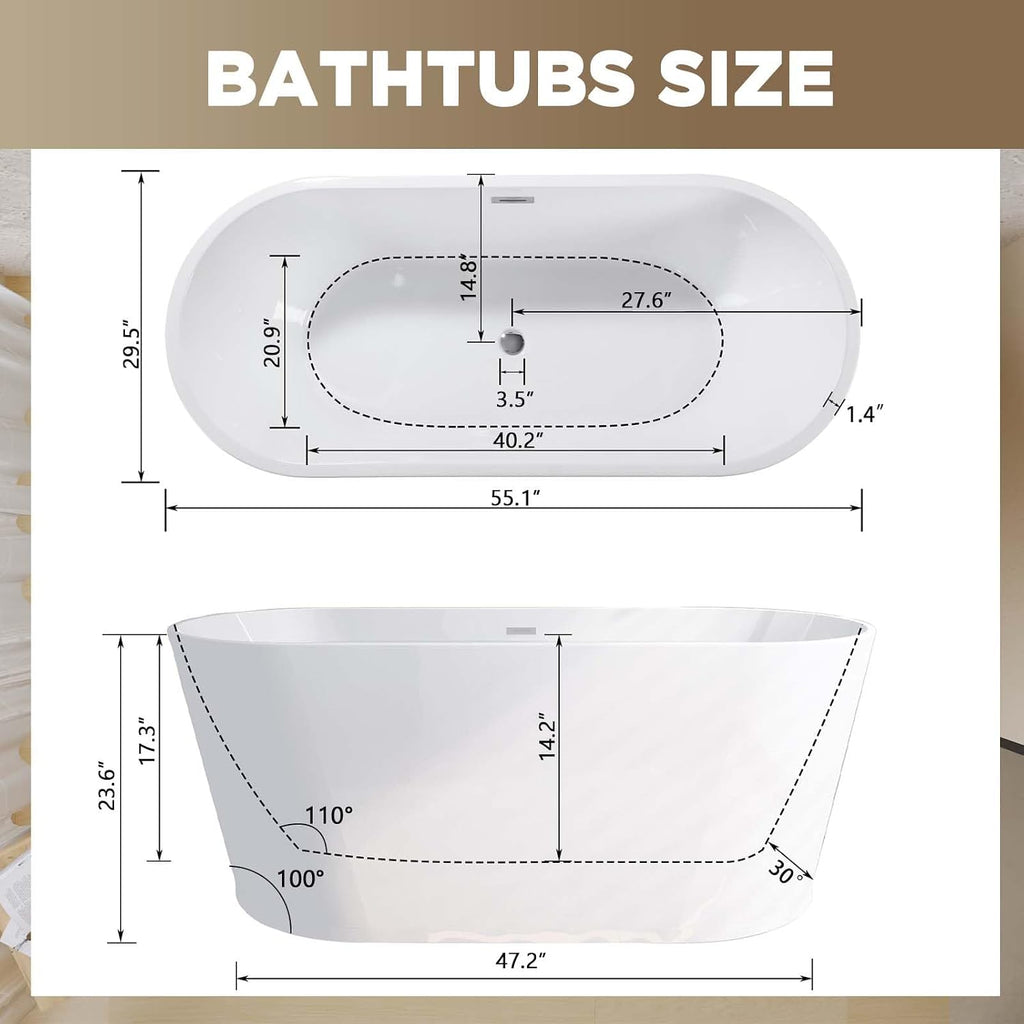 55' Acrylic Freestanding Bathtub, Stand Alone Soaking Tub with Toe-tap Chrome Drain Free Standing Bathtubs CUPC Certified White
