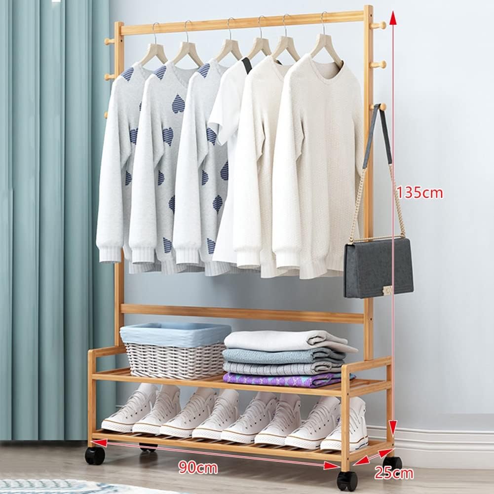 Clothing Garment Rack with Shelves Wooden Rolling Clothes Organizer Bedrooms Clothes Rails Heavy Duty Open Wardrobe Coat Stands Multifunctional Small Closet(