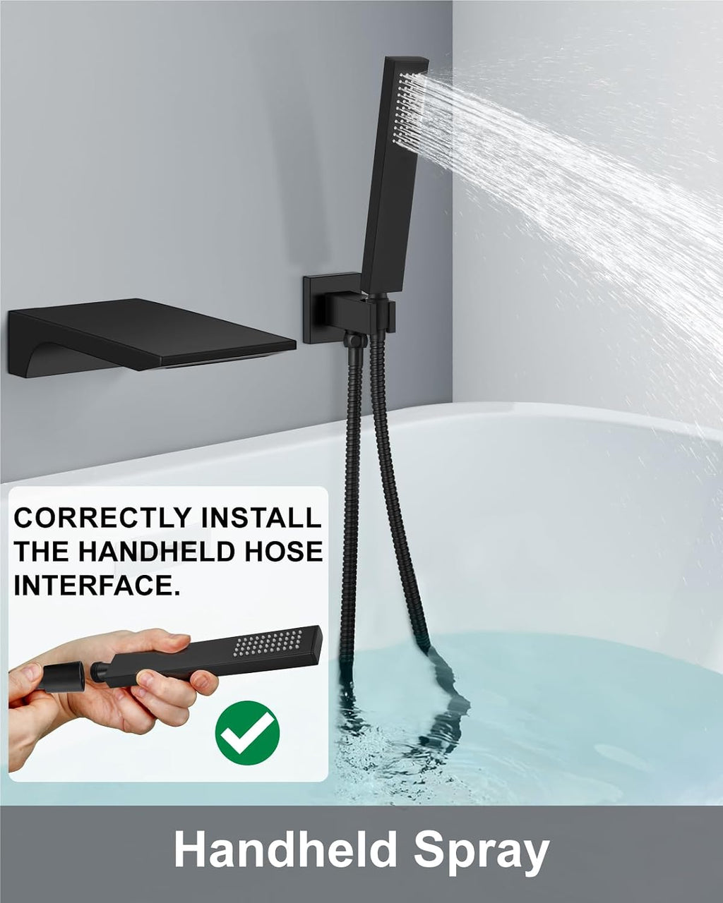 Aolemi Wall Mount Bathtub Faucet,Tub Faucet Set Waterfall Wall Mounted Tub Filler with Handheld Sprayer Single Handle,Matte Black