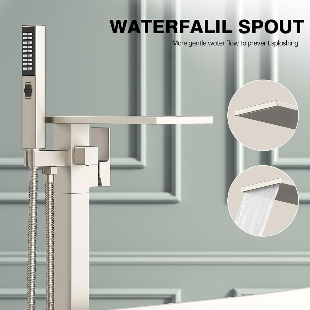 Freestanding Bathtub Faucet with Handheld Sprayer, Brushed Nickel Floor Mount Tub Filler, High Flow Waterfall Brass Bath Shower Faucet for Modern Bathroom