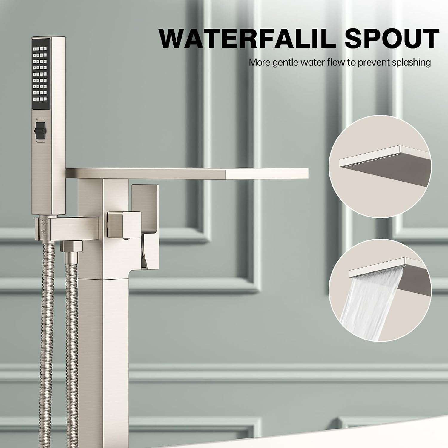 Freestanding Bathtub Faucet with Handheld Sprayer, Brushed Nickel Floor Mount Tub Filler, High Flow Waterfall Brass Bath Shower Faucet for Modern Bathroom