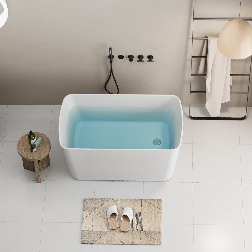 49' Acrylic Freestanding Bathtubs, Square Shaped Japanese Soaking Tub, Stand Alone Tubs W/Pop-UP Chrome Drain, Slotted Overflow, cUPC Certified, Glossy White (Without Seat)