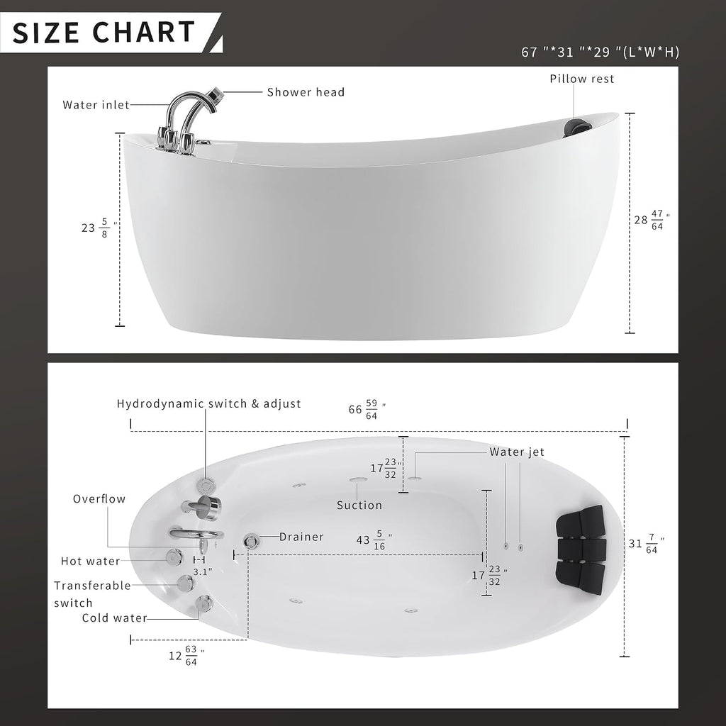 Empava 67' x 31' Freestanding Whirlpool Tub with Left/Right Drain,560W Stand Alone Bathtub with 7 Hydromassage Jets, Elegant Boat-Shaped,Acrylic,ETL Certified