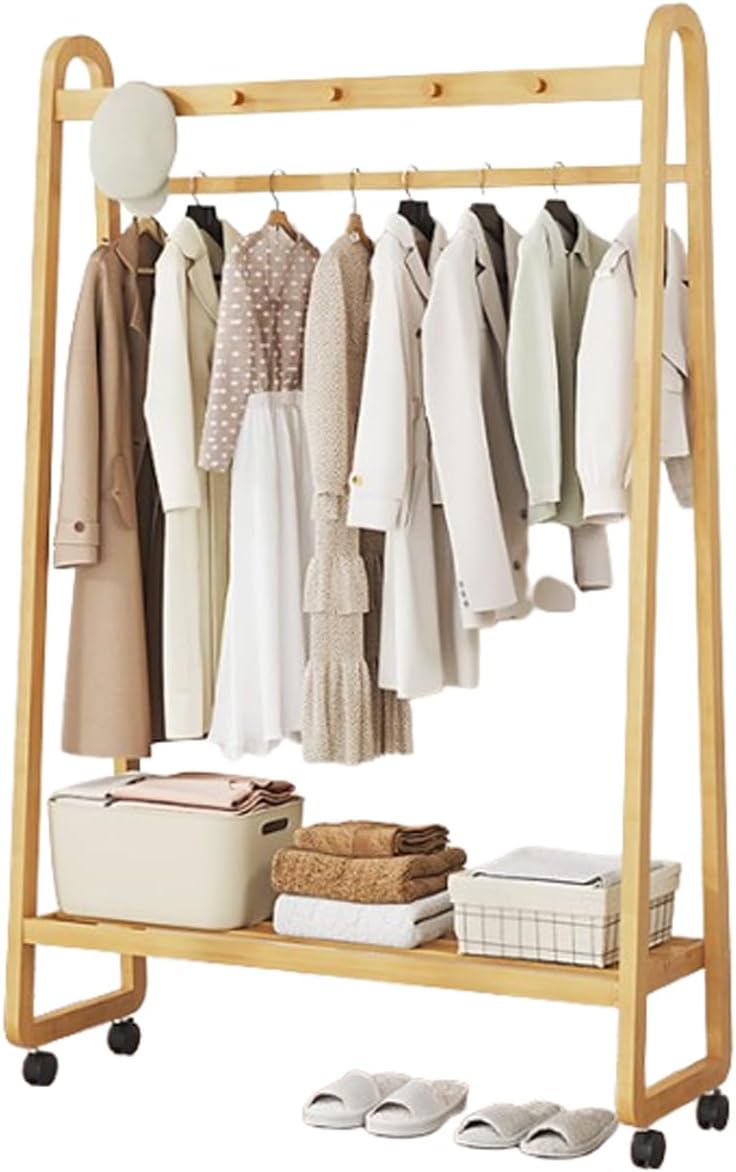 Bamboo Clothes Rack Freestanding Coat Rack Stand Portable Clothing Rack w/Storage Shelf and Hanging Rod Rolling Garment Rack w/Wheels for Entryway