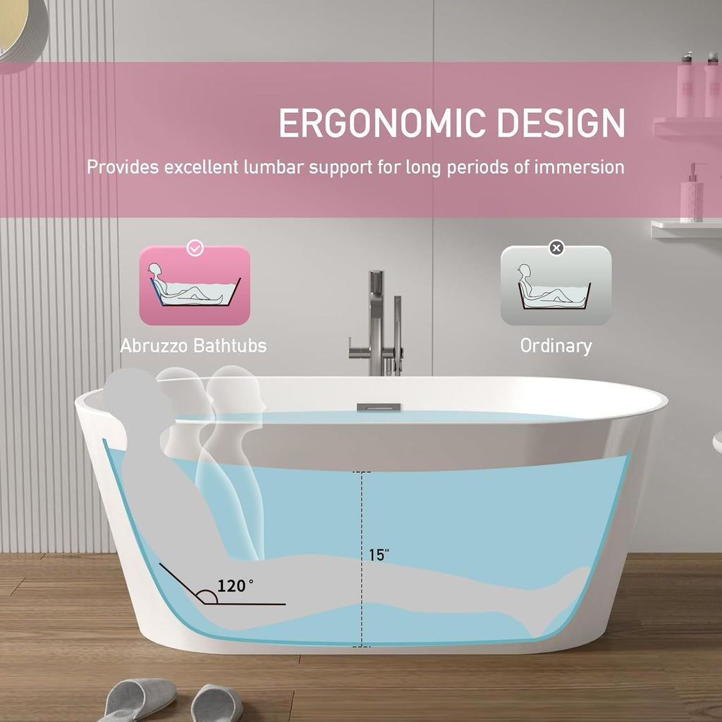TONA 55' Acrylic Freestanding Bathtub Contemporary Soaking White Tub cUPC Certified, Toe-Tap Chrome Drain & Overflow Assembly Included