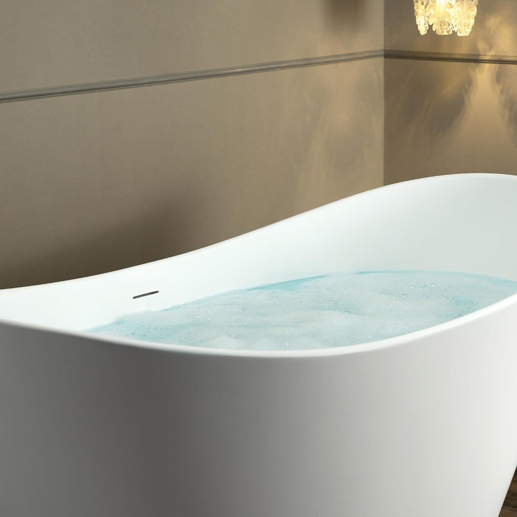 WOODBRIDGE 59 in. x 29.13 in. Stone Resin Luxury Contemporary Solid Surface Freestanding Bathtub in Matte White