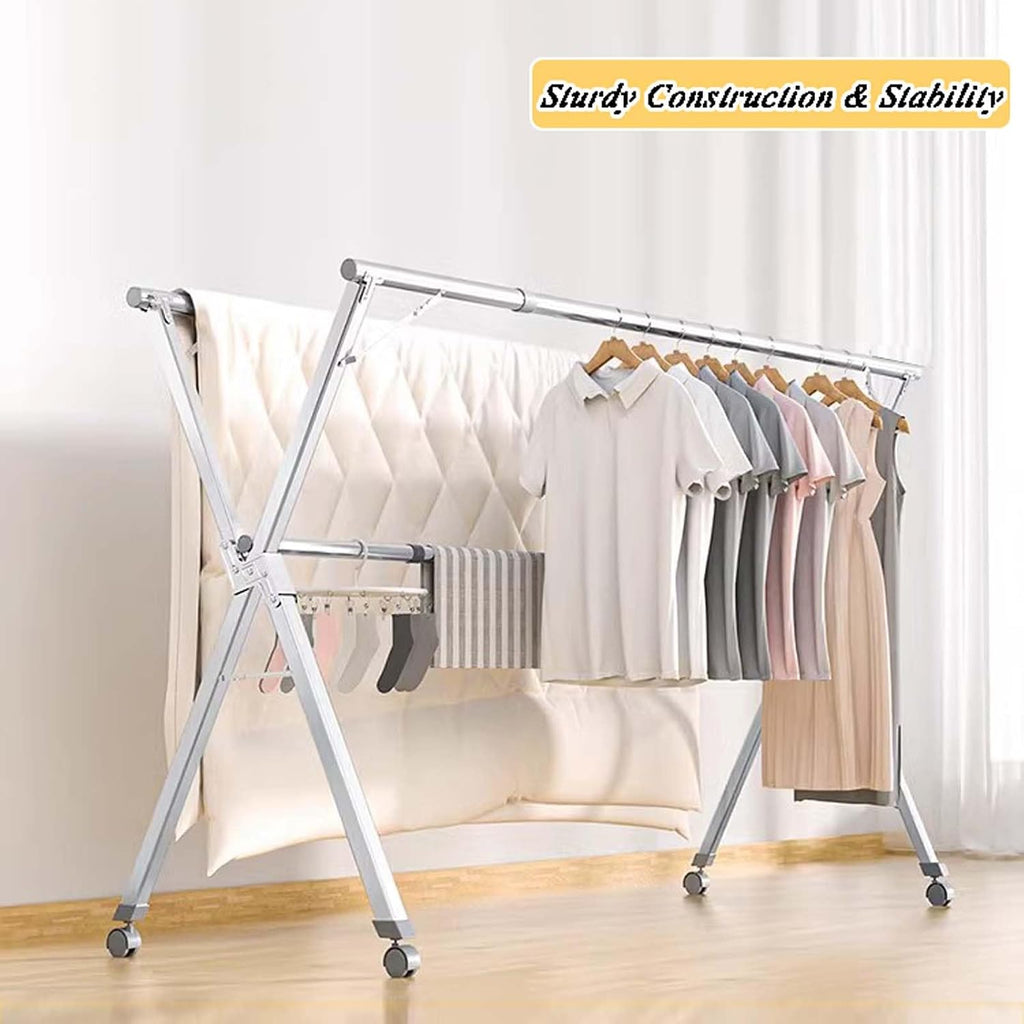 Clothes Drying Rack Foldable Indoor, Heavy Duty Outdoor Laundry Drying Rack, Space Saving Hanger Rack, Length Adjustable Garment Rack, Collapsible, for Clothes, Towels, Linens