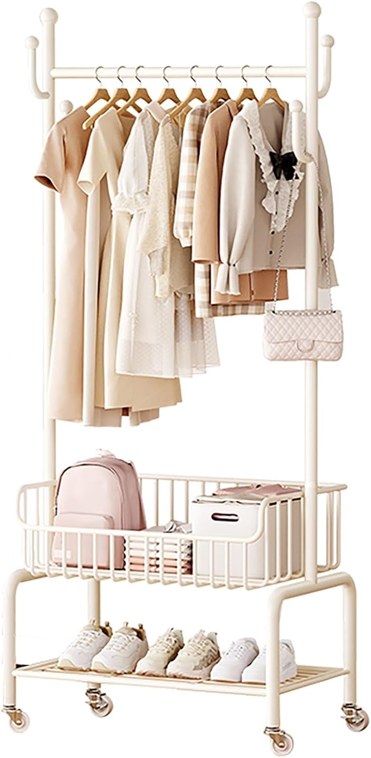 Heavy Duty Clothing Racks With Wheels,Rolling Garment Rack For Hanging Clothes,Metal Rolling Closet Organizer,Clothes Racks With Storage Shelves(White,80cm/31.5in)