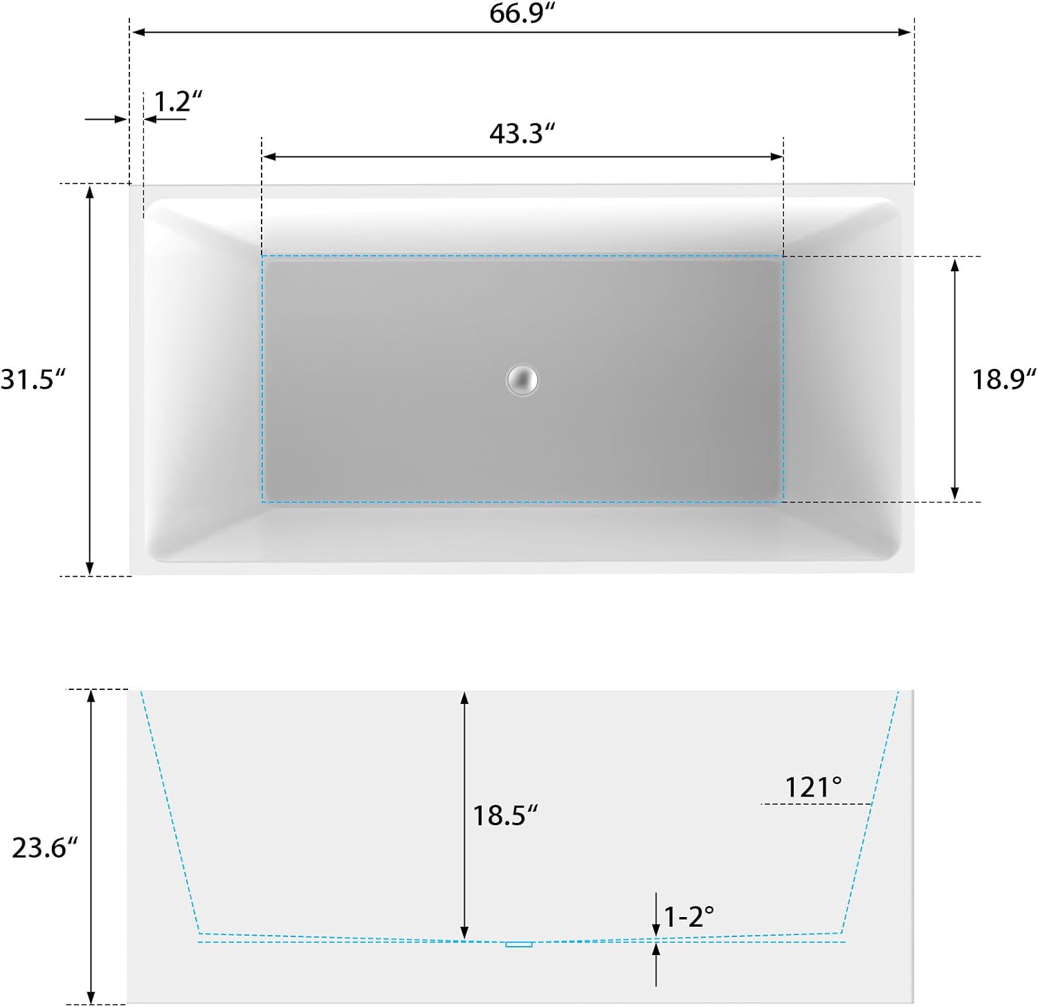 HomeBeyond 67 Inch Freestanding Tub | Acrylic Freestanding Bathtub, Square Flatbottom Freestanding Bathtub Stand Alone Tub with Pop-up Drain Overflow