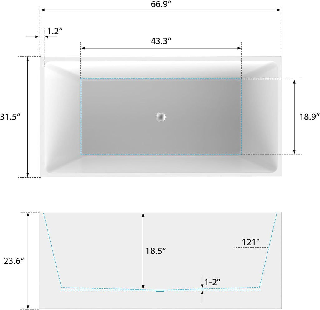 HomeBeyond 67 Inch Freestanding Tub | Acrylic Freestanding Bathtub, Square Flatbottom Freestanding Bathtub Stand Alone Tub with Pop-up Drain Overflow